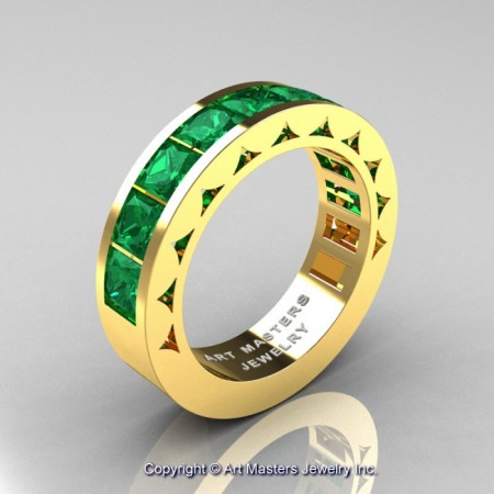 Mens-Modern-14K-Yellow-Gold-Princess-Emerald-Channel-Cluster-Sun-Wedding-Ring-R274-YGEM-P-700×700