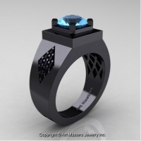 Mens Modern Classic 14K Black Gold 2.0 Ct Blue Topaz Black Diamond Designer Wedding Ring R338M-14KBGBDBT