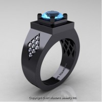 Mens Modern Classic 14K Black Gold 2.0 Ct Blue Topaz Diamond Designer Wedding Ring R338M-14KBGDBT