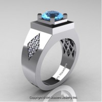 Mens Modern Classic 14K White Gold 2.0 Ct Blue Topaz Diamond Designer Wedding Ring R338M-14KWGDBT