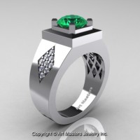 Mens Modern Classic 14K White Gold 2.0 Ct Emerald Diamond Designer Wedding Ring R338M-14KWGDEM
