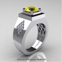 Mens Modern Classic 14K White Gold 2.0 Ct Yellow Sapphire Diamond Designer Wedding Ring R338M-14KWGDYS