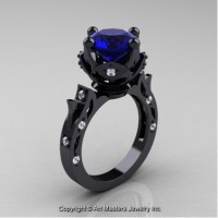 Modern Antique 14K Black Gold 3.0 Ct Royal Blue Sapphire Diamond Solitaire Engagement Ring Wedding Ring R214-14KBGDBS
