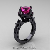 Modern Antique 14K Black Gold 3.0 Ct Pink Sapphire Black Diamond Solitaire Engagement Ring Wedding Ring R214-14KBGBDPS