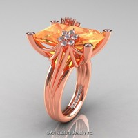 Modern Bridal 14K Rose Gold Radiant Cut 15.0 Ct Peach Sapphire Diamond Fantasy Cocktail Ring R292-14KRGDPES