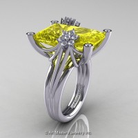 Modern Bridal 14K White Gold Radiant Cut 15.0 Ct Yellow Sapphire Diamond Fantasy Cocktail Ring R292-14KWGDYS