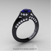 Exclusive French 14K Black Gold 1.0 Ct Blue Sapphire Diamond Engagement Ring Wedding Ring R376-14KBGDBS