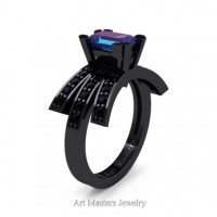 Victorian Inspired 14K Black Gold 1.0 Ct Emerald Cut Alexandrite Black Diamond Wedding Ring Engagement Ring R344-14KBGBDAL