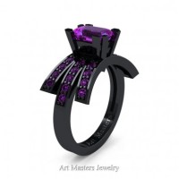 Victorian Inspired 14K Black Gold 1.0 Ct Emerald Cut Amethyst Wedding Ring Engagement Ring R344-14KBGAM