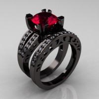 Modern Vintage 14K Black Gold 3.0 Ct Red Garnet Diamond Solitaire Ring Wedding Band Set R102S-14KBGDRG