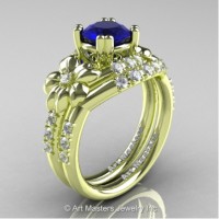 Nature Inspired 14K Green Gold 1.0 Ct Blue Sapphire Diamond Leaf and Vine Engagement Ring Wedding Band Set R245S-14KGRGDBS