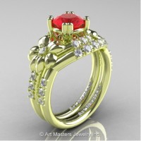 Nature Inspired 14K Green Gold 1.0 Ct Ruby Diamond Leaf and Vine Engagement Ring Wedding Band Set R245S-14KGRGDR