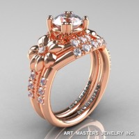 Nature Inspired 14K Rose Gold 1.0 Ct Russian CZ Diamond Leaf and Vine Engagement Ring Wedding Band Set R245S-14KRGDCZ