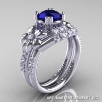 Nature Inspired 14K White Gold 1.0 Ct Blue Sapphire Diamond Leaf and Vine Engagement Ring Wedding Band Set R245S-14KWGDBS