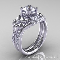 Nature Inspired 14K White Gold 1.0 Ct White Sapphire Diamond Leaf and Vine Engagement Ring Wedding Band Set R245S-14KWGDWS