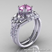 Nature Inspired 14K White Gold 1.0 Ct Light Pink Sapphire Diamond Leaf and Vine Engagement Ring Wedding Band Set R245S-14KWGDLPS