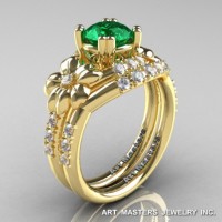 Nature Inspired 14K Yellow Gold 1.0 Ct Emerald Diamond Leaf and Vine Engagement Ring Wedding Band Set R245S-14KYGDEM