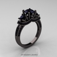 French 14K Black Gold Three Stone Black Diamond Engagement Ring Wedding Ring R182-14KBGBD