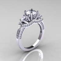 French 950 Platinum Three Stone Russian Cubic Zirconia Diamond Engagement Ring Wedding Ring R182-PLATDCZ