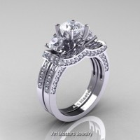 French 950 Platinum Three Stone White Sapphire Diamond Engagement Ring Wedding Band Set R182S-PLATDWS
