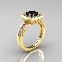 Renaissance Classic 18K Yellow Gold 1.0 Carat Black Moissanite White Diamond Engagement Ring R220-18KYGDBM