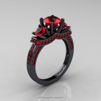 French 14K Black Gold Three Stone Rubies Wedding Ring Engagement Ring R182-14KBGR