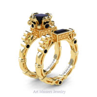 Art Masters Caravaggio 14K Yellow Gold 1.5 Ct Princess Black Diamond Engagement Ring Wedding Band Set R627S-14KYGBD