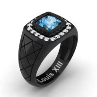 Mens Modern 14K Black Gold 1.25 Ct Princess Blue Topaz Diamond Wedding Ring R1131-14KBGDBT