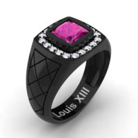 Mens Modern 14K Black Gold 1.25 Ct Princess Pink Sapphire Diamond Wedding Ring R1131-14KBGDPS by Art Masters Jewelry