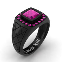Mens Modern 14K Black Gold 1.25 Ct Princess Pink Sapphire Wedding Ring R1131-14KBGPS