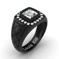 Mens Modern 14K Black Gold 1.25 Ct Princess White Sapphire Diamond Wedding Ring R1131-14KBGDWS