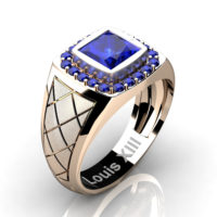 Mens Modern 14K Rose Gold 1.25 Ct Princess Blue Sapphire Wedding Ring R1131-14KSRGBSMens Modern 14K Rose Gold 1.25 Ct Princess Blue Sapphire Wedding Ring R1131-14KSRGBS