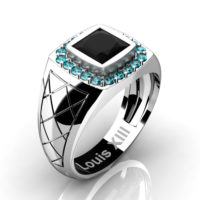 Mens Modern 14K White Gold 1.25 Ct Princess Black Accent Blue Diamond Wedding Ring R1131-14KWGBLDBD