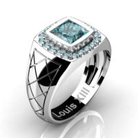 Mens Modern 14K White Gold 1.25 Ct Princess Blue Diamond Wedding Ring R1131-14KWGBLD2