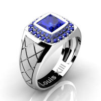 Mens Modern 14K White Gold 1.25 Ct Princess Blue Sapphire Wedding Ring R1131-14KSWGBS