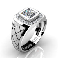 Mens Modern 14K White Gold 1.25 Ct Princess Certified Diamond Wedding Ring R1131-14KSWGCVVSD