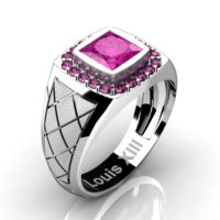 Mens Modern 14K White Gold 1.25 Ct Princess Pink Sapphire Wedding Ring R1131-14KSWGPS