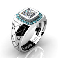 Mens Modern 14K White Gold 1.25 Ct Princess White Sapphire Blue Diamond Wedding Ring R1131-14KWGBLDWS